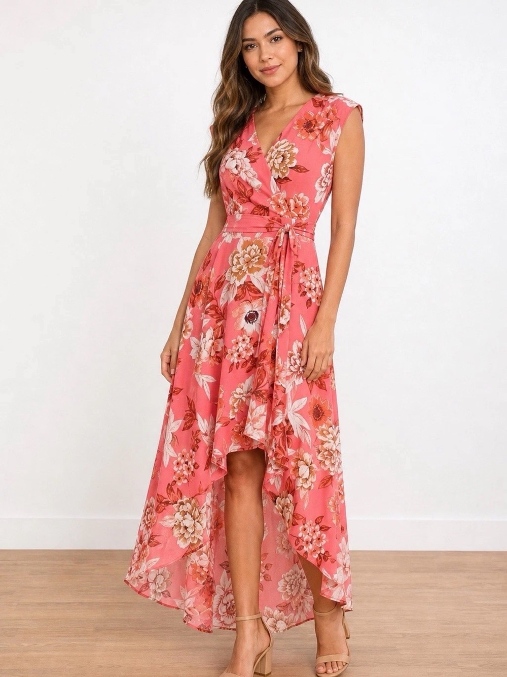Eliza J Coral Floral High-Low Wrap Dress